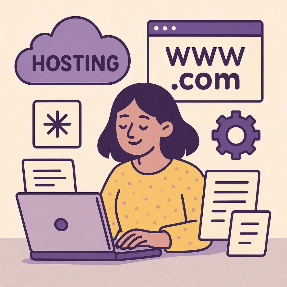 resources illustration A flat-style illustration of a woman sitting at a desk with a laptop, surrounded by icons of tools, gears, and web elements in purple and yellow, symbolizing useful online resources