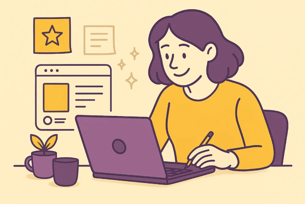 website fix & replenish illustration A flat-style illustration of a woman sitting at a desk with a laptop, surrounded by icons of tools, gears, and web elements in purple and yellow, symbolizing useful online resources