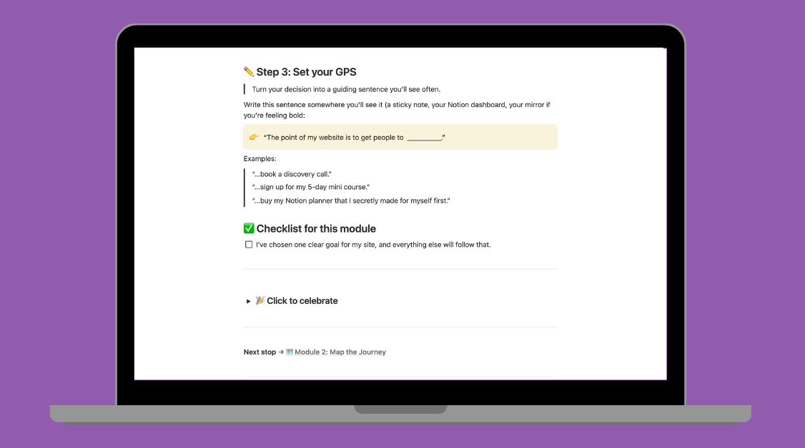 Set your GPS Screenshot of the Website Fix Kit checklist inside Notion showing progress tracking for website updates
