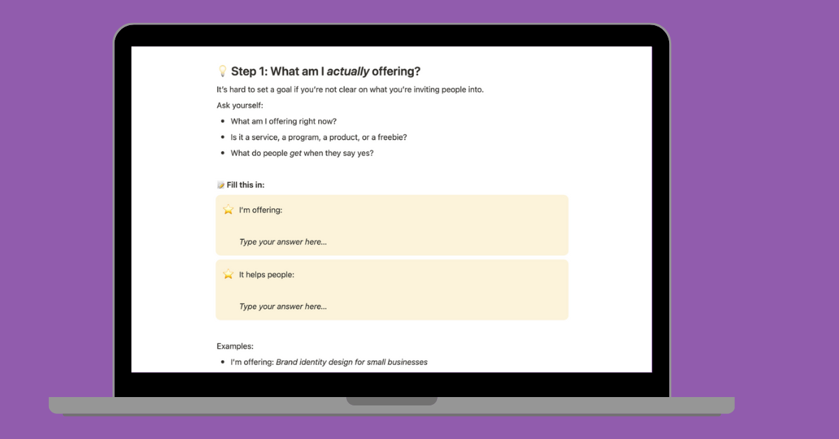 What am I actually offering? Screenshot of the Website Fix Kit inside Notion showing guided clarity questions for improving a website’s message.