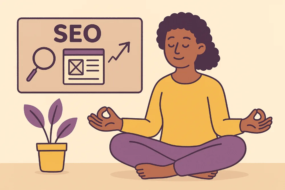 Illustration of a curly-haired therapist meditating at her desk with an SEO board in the background, symbolizing simple therapist website SEO tips.