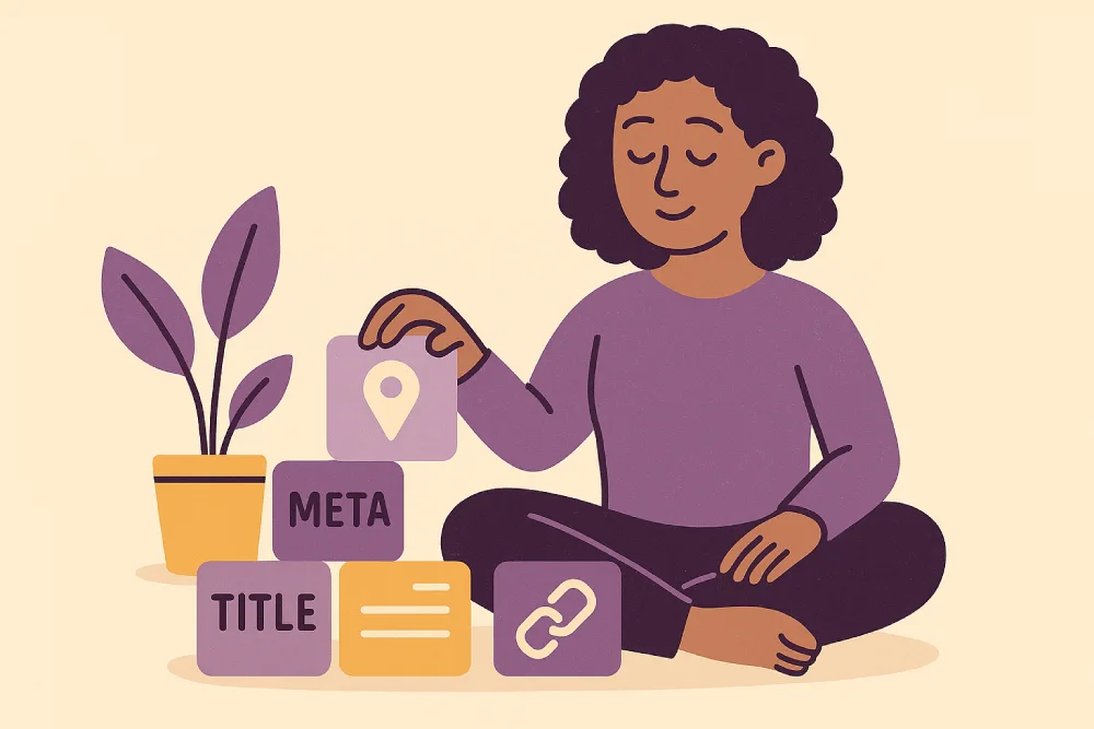 Illustration of a woman arranging floating SEO building blocks with icons like titles, headings and links, symbolizing organizing a therapist’s website.