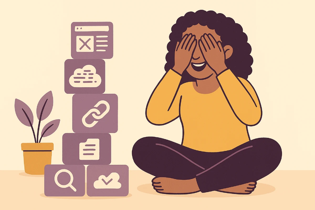 A smiling woman with curly hair sits cross-legged on the floor, playfully covering her eyes with her hands. Beside her is a tall, slightly leaning stack of square blocks displaying simple SEO-related icons such as a browser window, cloud, link, document, magnifying glass and location pin. A small potted plant sits on the left. The illustration uses soft purples, warm yellows and a calm beige background.