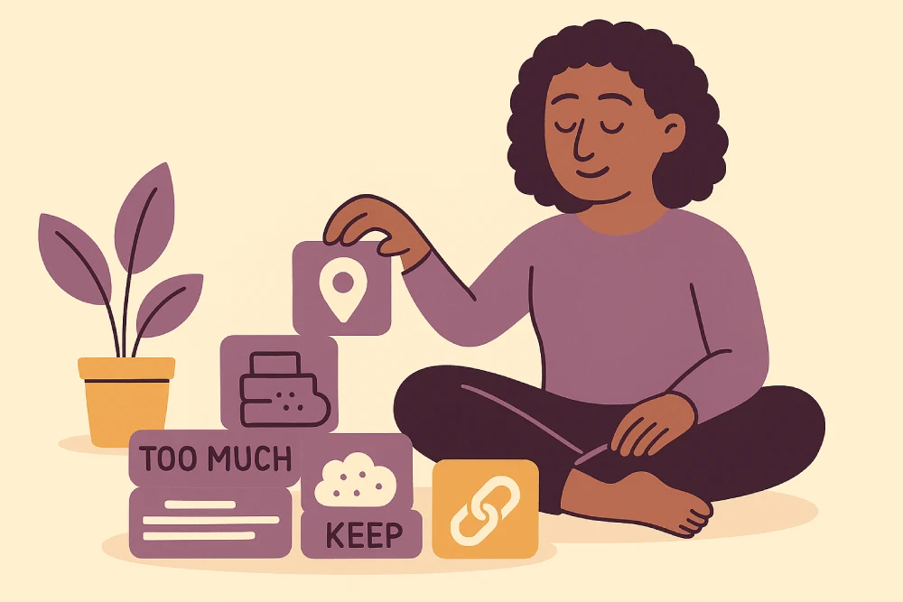 A calm woman with curly hair sits cross-legged on the floor, gently sorting illustrated blocks into two piles labeled “Too Much” and “Keep.” The “Too Much” pile contains icons representing clutter like stacked plugins and keyword clouds, while the “Keep” pile holds simple icons such as a location pin and a link symbol. A small plant sits beside her. The overall style is warm, flat and minimalist in soft purple, mustard and beige tones. All symbolizes therapist website SEO mistakes.