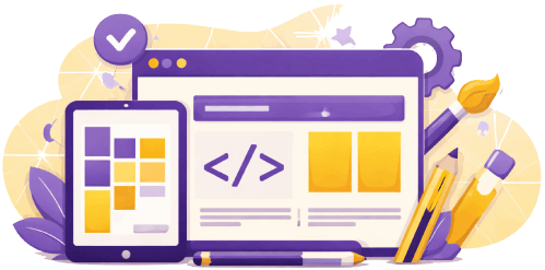 strategic website build Flat illustration of a website screen with code symbols and design elements, representing digital website design and development.