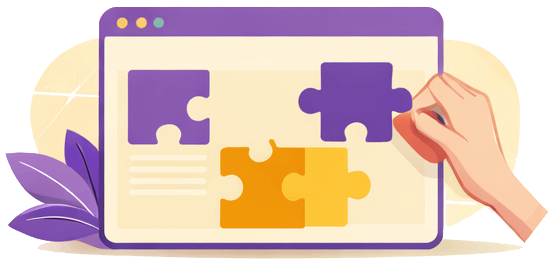 website restructure Flat illustration of puzzle pieces fitting into a browser window, symbolizing website restructuring and optimization.