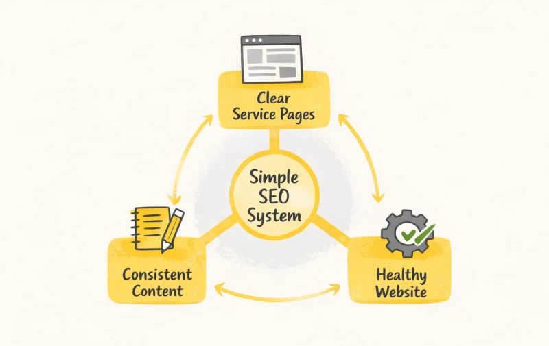 Simple SEO for therapist website showing service pages, consistent content, and a healthy website structure