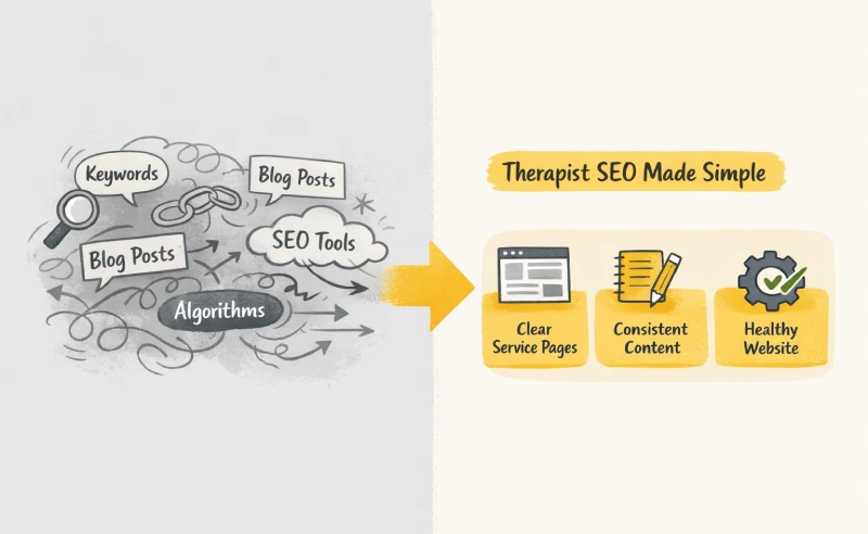 SEO for therapist website simplified from overwhelming tactics to clear service pages, content, and basic website fixes