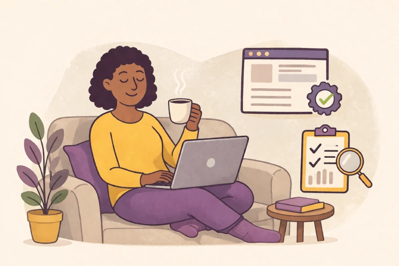 SEO for therapist website illustrated as a calm workflow, with a therapist relaxing on a couch using a laptop, showing a simple and stress-free approach to website SEO