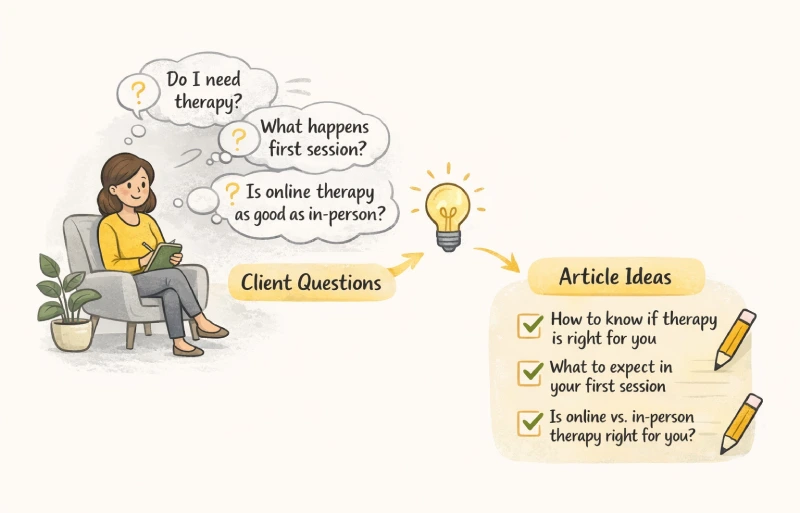 SEO content ideas for therapist websites based on real client questions like first session, therapy fit, and online therapy
