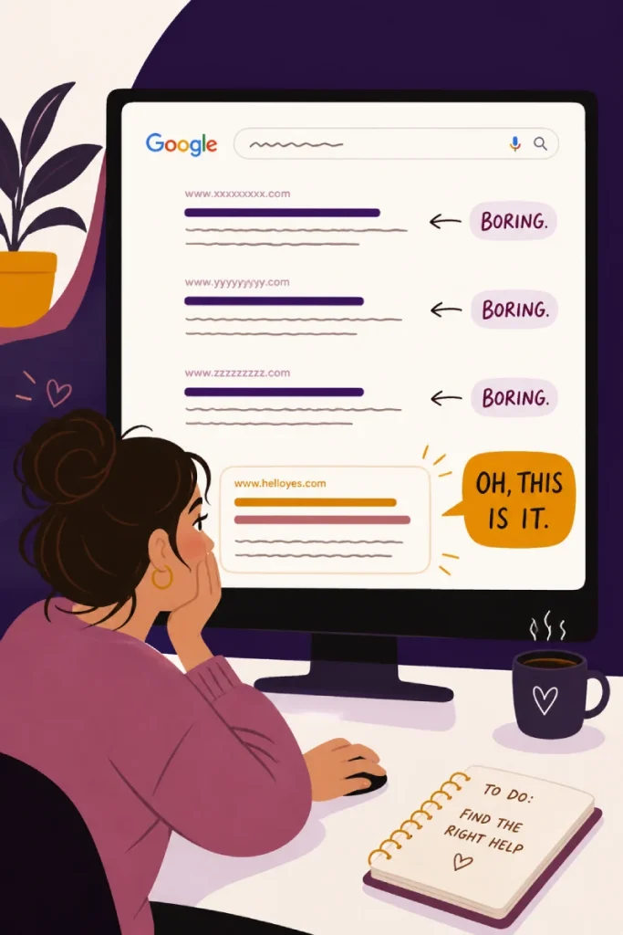 Illustration showing why people don’t click your website, with a person scanning Google search results and choosing a more relevant option.