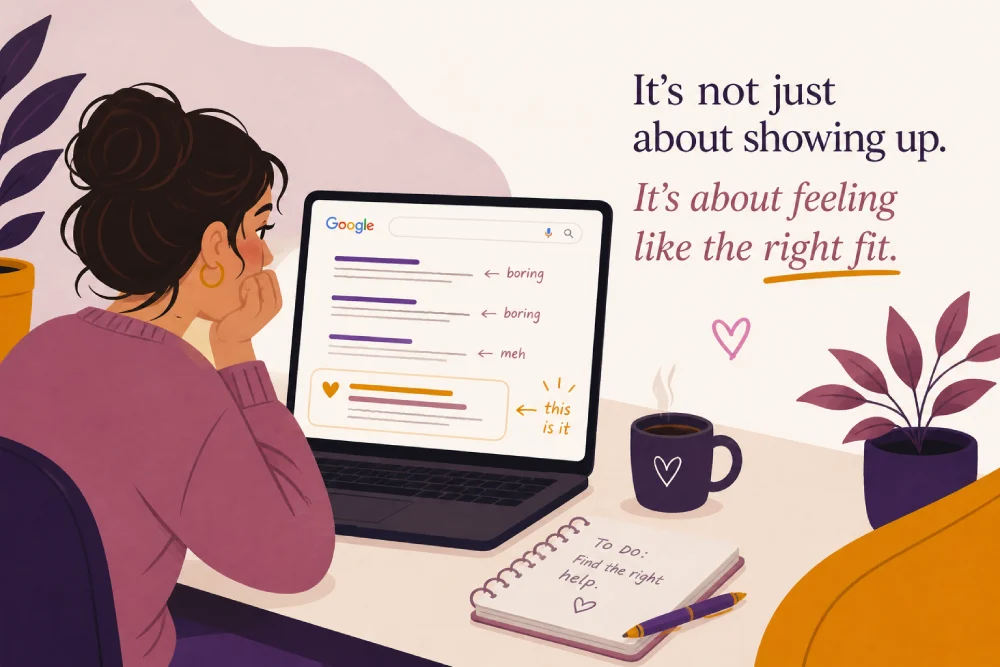 Illustration of a person browsing Google search results on a laptop, ignoring generic options labeled ‘boring’ and choosing a more relevant result that feels like the right fit.